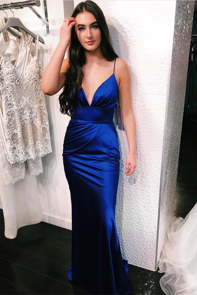Royal Blue Satin Mermaid V Neck Long Prom Dress, Mermaid Royal Blue Formal Dress cg16943