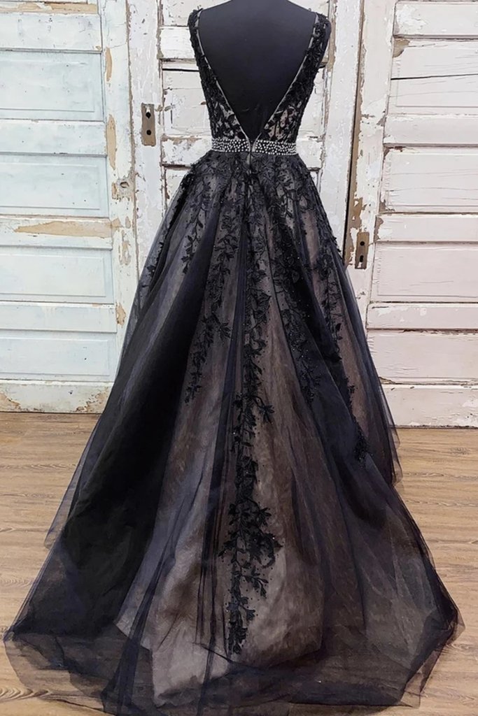 V Neck Backless Black Lace Long Prom Dress, Black Lace Formal Dress, Black Evening Dress cg16944