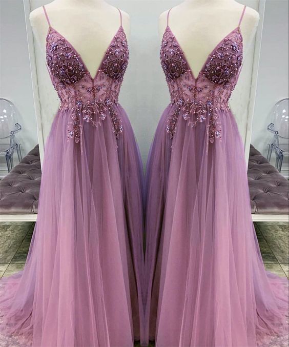 Mauve Tulle Prom Beaded Dresses cg16955