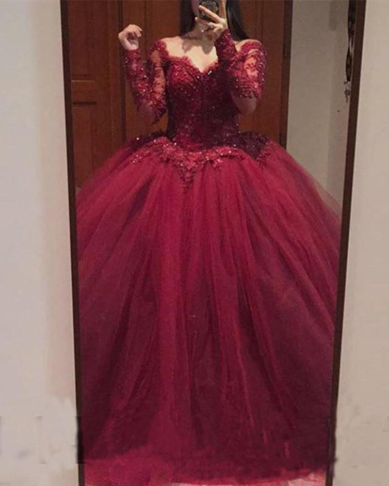 Burgundy Long Sleeves Quinceanera Dress Sweet 15 Dresses Ball Gown prom dress Wedding Gown cg16962