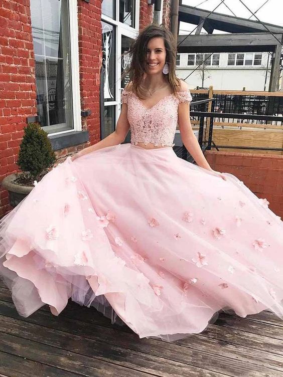 A-Line 3D Flower Junior Prom Dresses Lace Two Piece Prom Gown cg16965