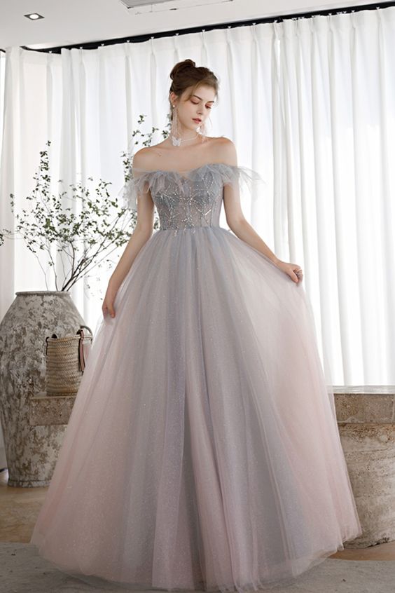 Dreamdressy off the shoulder grey tulle long formal dress prom dress 2021 cg16966