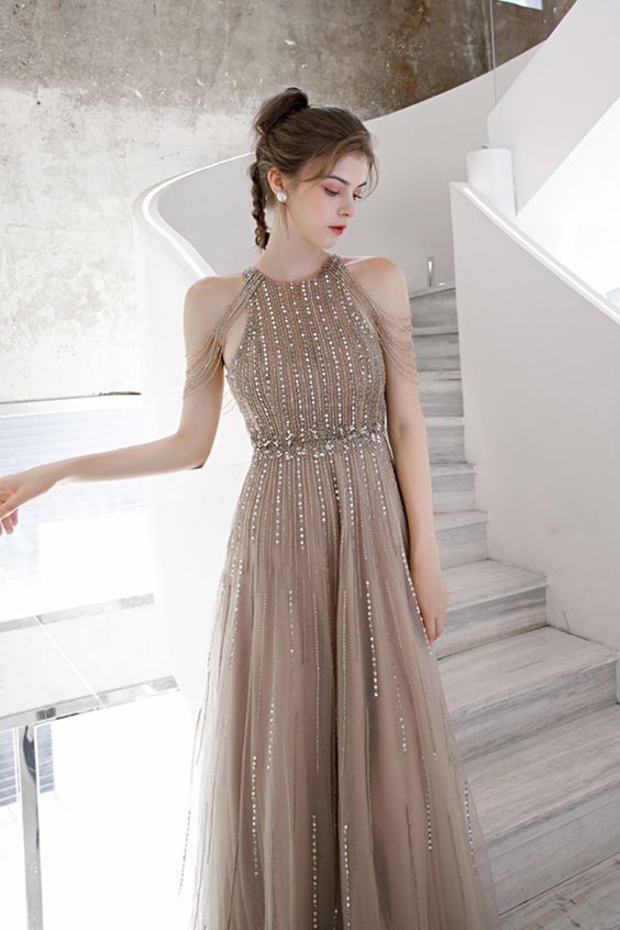 beaded taupe beaded long evening prom dress cg16967