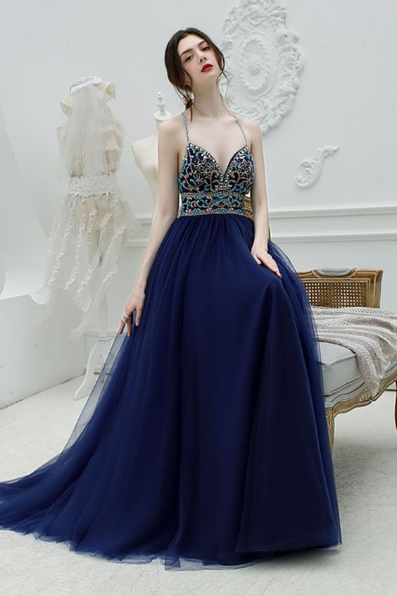 beaded bodice navy blue tulle long formal dress prom dress 2021 cg16971