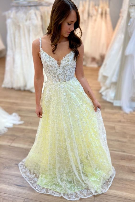 2021 yellow A-line lace long prom dress cg16974