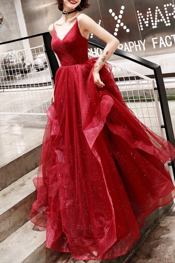 2021 wine red A-line tulle long prom gown cg16976