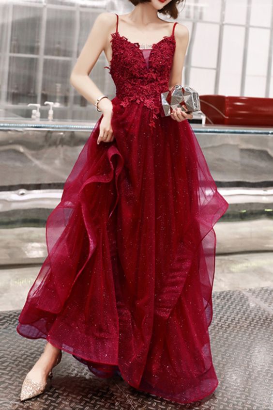 2021 burgundy A-line long prom dress evening dress cg16978