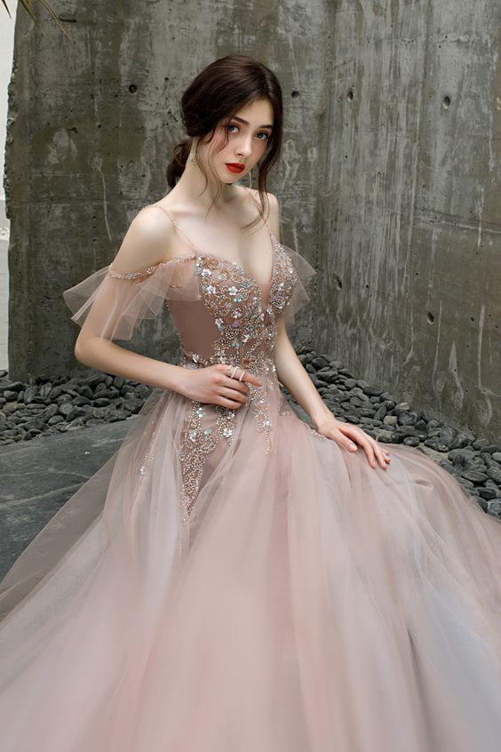 princess dusty rose tulle long formal prom dress features with spaghetti straps and beaded bodice cg16979