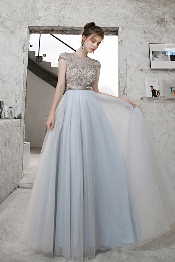 princess A-line light blue tulle prom dress with beaded cap sleeves cg16980