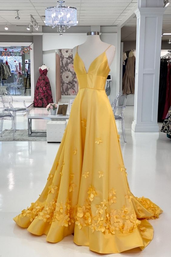 Elegant Yellow Prom Dress with Flowers cg16991