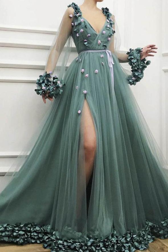Green tulle appliqué long prom dress v neck evening dress cg16997