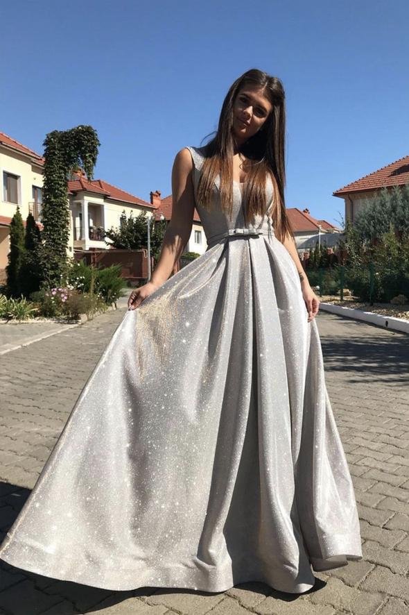 Shiny v neck long A line prom dress grey evening dress cg17000