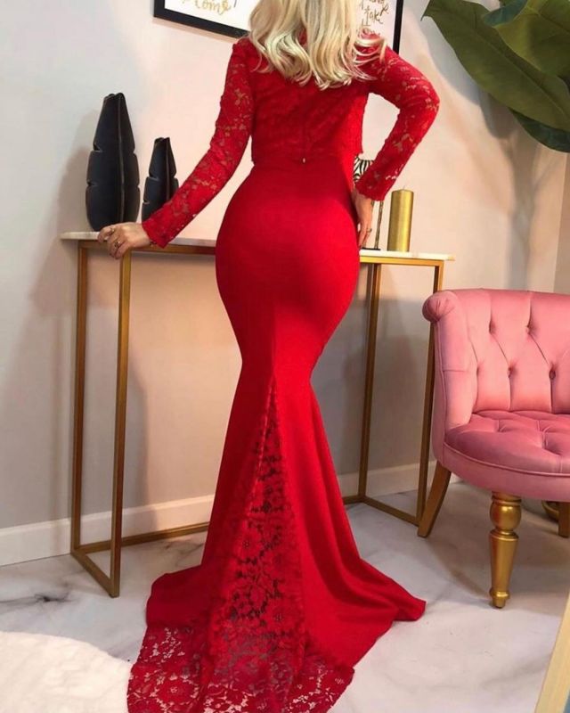 Elegant Mermaid Long Sleeves Red Prom Dress with Lace Online cg17013