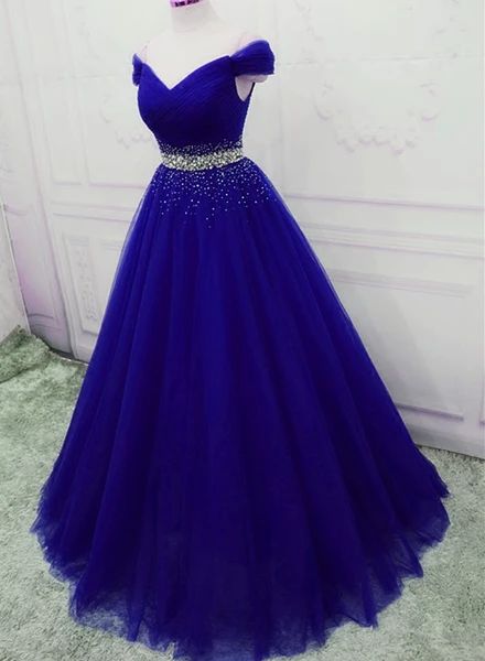 Elegant Royal Blue Tulle Sequins Prom Dress 2021, A-Line Long Party Dress cg17023