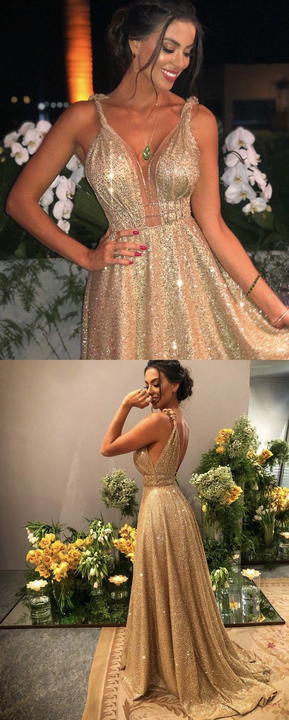Women's long sparkly gold prom dresses plunge neck formal sequins evening gown for special occasions cg17033