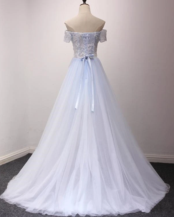 Light Blue Off Shoulder Flowers High Low Party Dress, Tulle Formal Dress Prom Dress cg17055