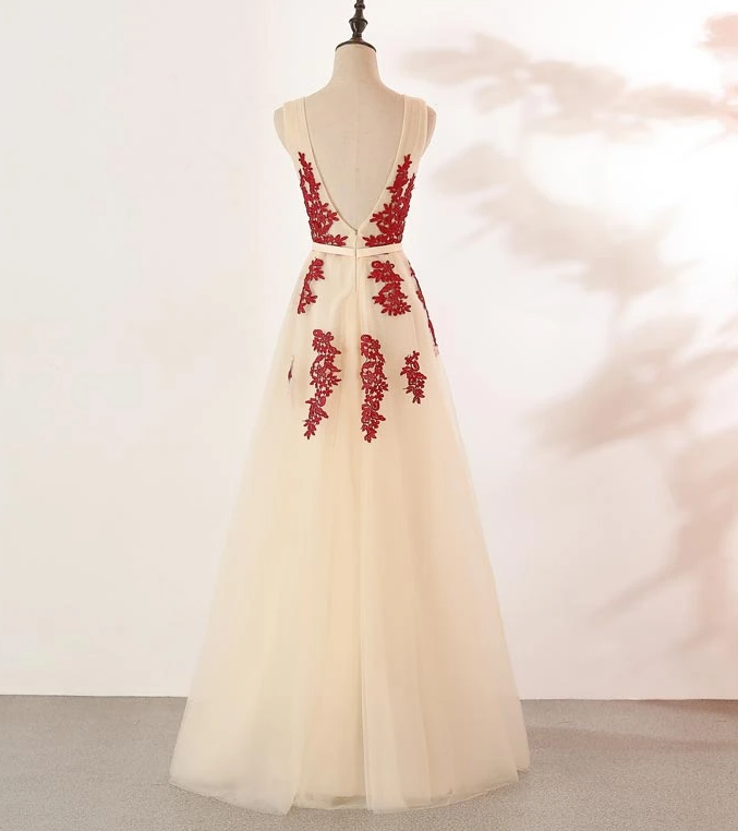 Ivory Tulle With Red Lace Applique V-Neckline Prom Dress, Tulle V Back Formal Dress, Evening Dress cg17056