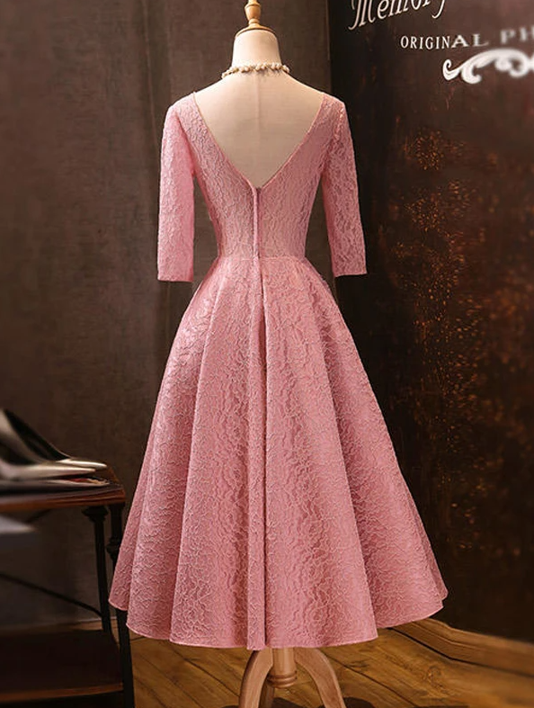 Pink V-Neckline Lace Short Sleeves Tea Length Wedding Party Dress, Short Prom Dress cg17057