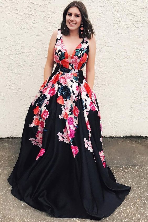 A Line Black V Neck Appliques Prom Dresses, Long Cheap Prom Gown cg17065