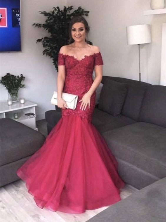 Burgundy Off Shoulder Mermaid Lace Tulle Long Prom Dresses, Burgundy Mermaid Formal Dresses cg17078