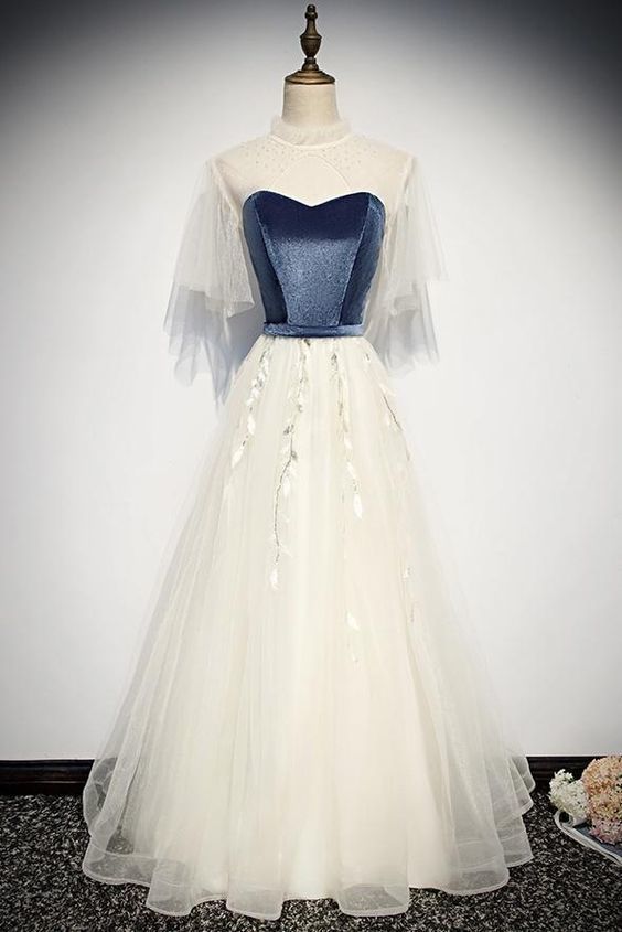 Elegant Ivory And Blue Flowy Princess Prom Dresses For Teens cg17084