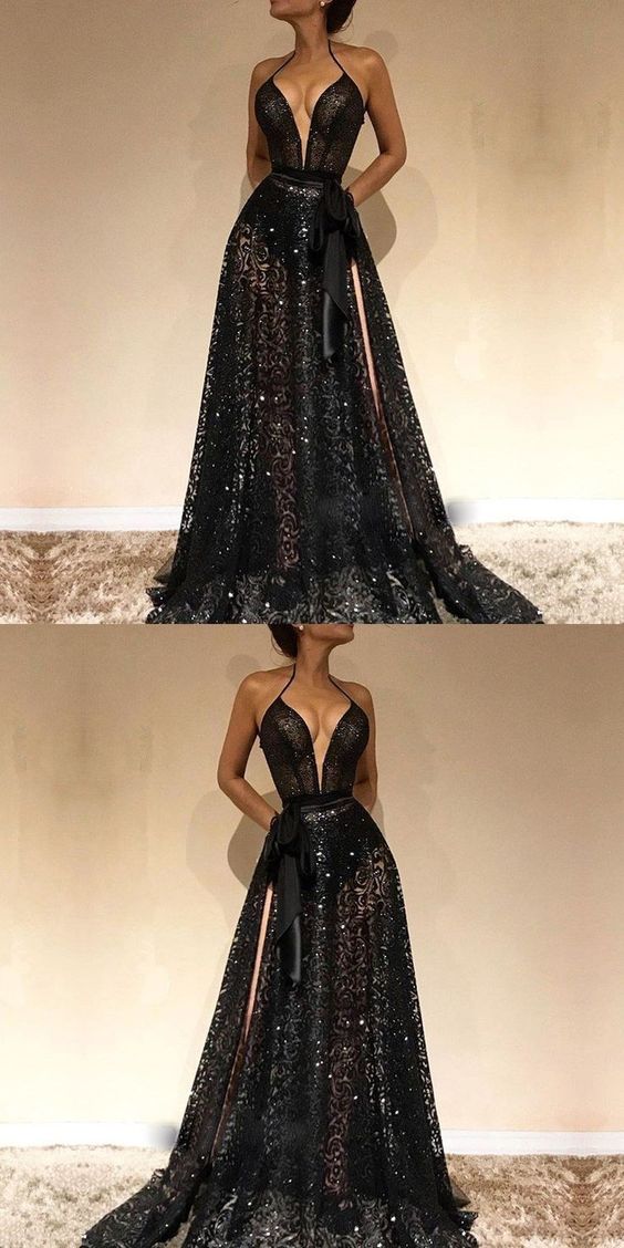 Cheap Spaghetti Straps Sexy Black V-Neck prom Evening Gowns cg1709