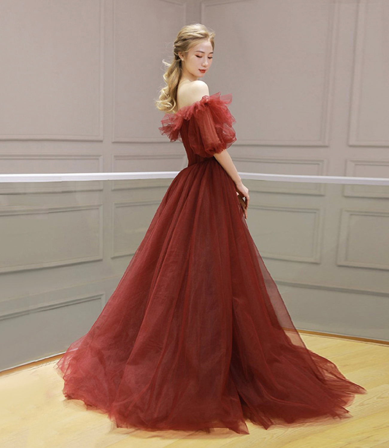 BURGUNDY TULLE LONG PROM DRESS A LINE EVENING DRESS cg17105