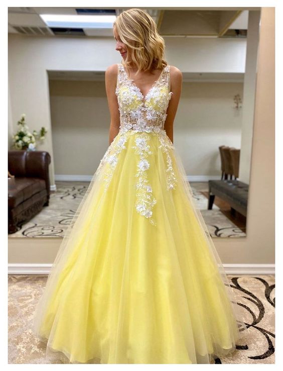Yellow tulle lace long prom dress yellow formal dress cg17116