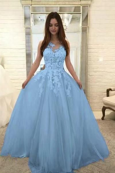 A-Line Lace Tulle Long Prom Dresses Formal Evening Gowns cg17118
