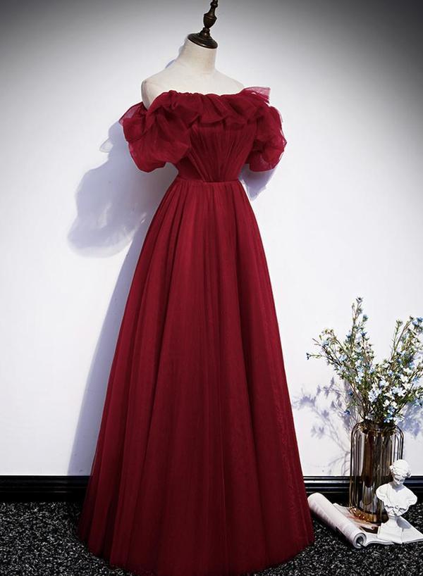 Burgundy tulle long prom dress evening dress cg17154