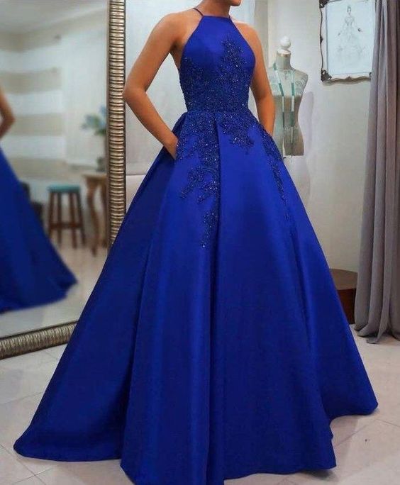 Royal Blue Prom Dress Halter Neckline, Pageant Dress, Evening Dress, Dance Dresses cg17163