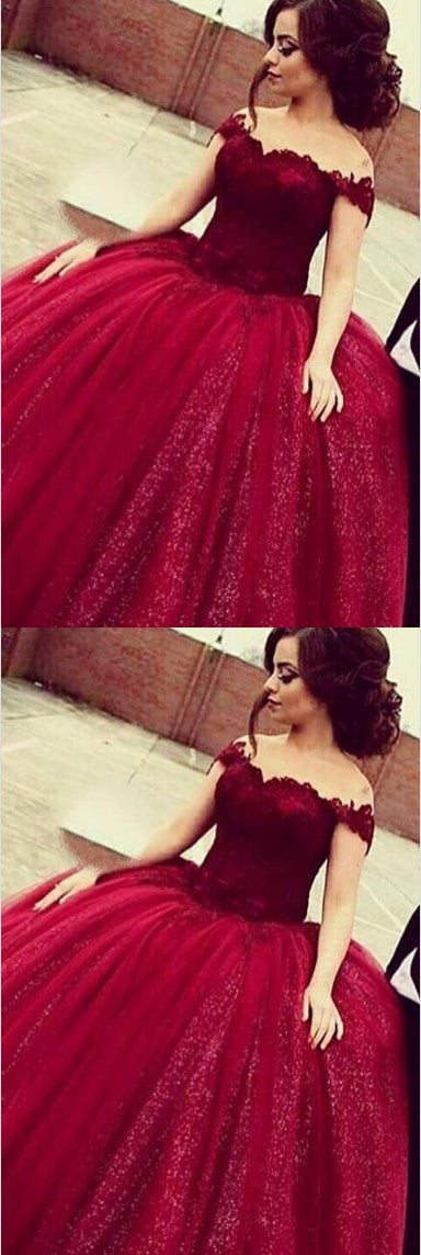 Glamorous Off Shoulder Floor-Length Sequins Wine Prom Dress with Lace Top cg17168
