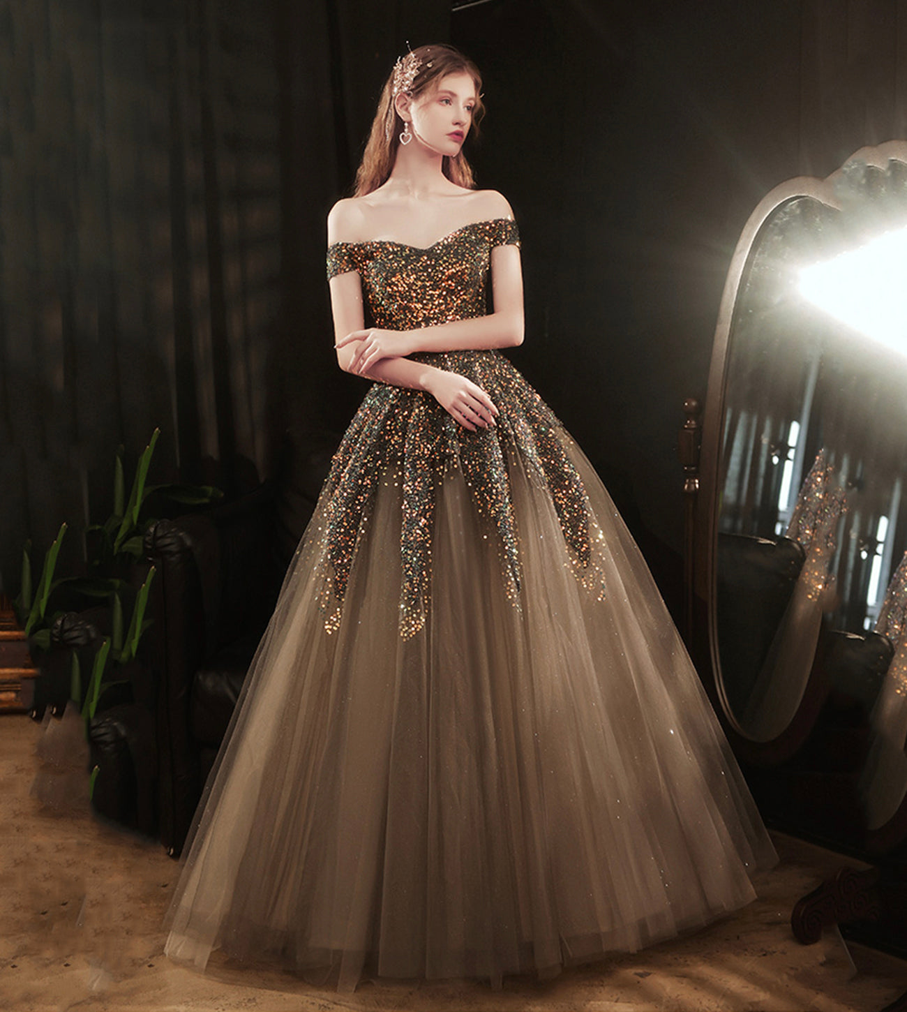 SHINY SEQUINS LONG PROM DRESS A LINE EVENING DRESS cg17187