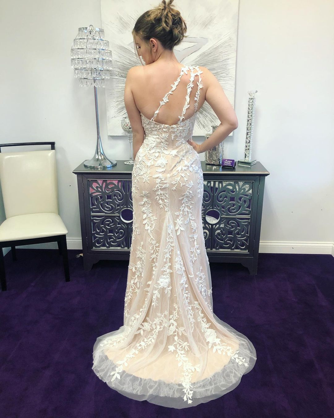 One Shoulder Ivory Lace Appliqued Long Formal Dress prom dress cg17189