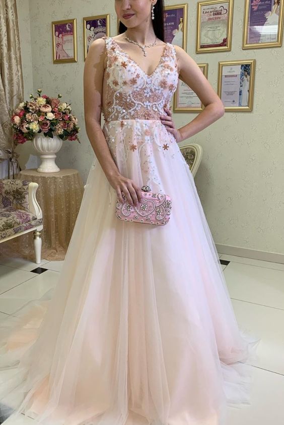 A-line pink beaded v neck tulle long evening dress Prom Dress cg17192
