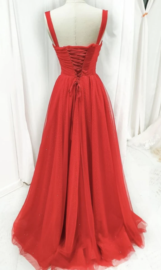 Red tulle long A line prom dress evening dress cg17198