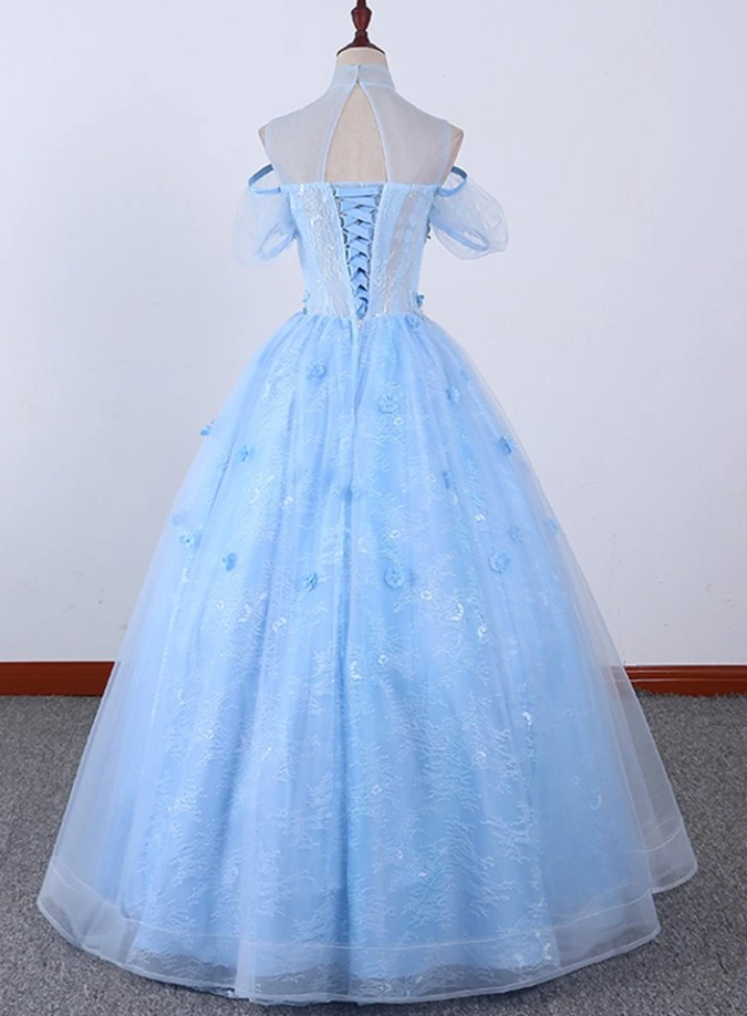 Light Blue Lace High Neck Lace Applique Ball Gown, Lace Sweet 16 Dress, Prom Dress cg17199
