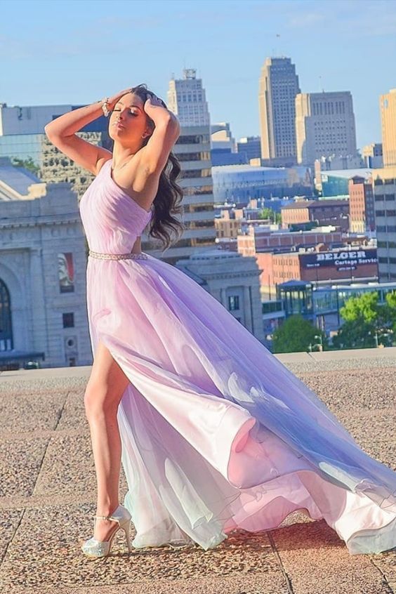 One shoulder purple ombre tulle long prom dress with beaded sash and side slit cg17211
