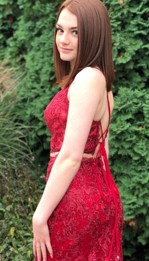 Two Pieces Mermaid Burgundy Lace Long Prom Dress, 2 Pieces Burgundy Formal Dress cg17212