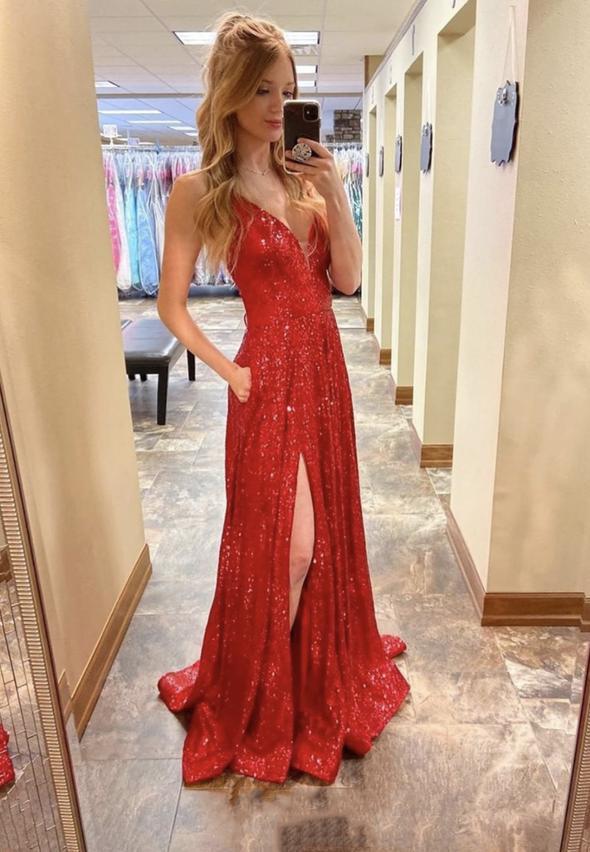Red v neck sequins long prom dress evening dress cg17214
