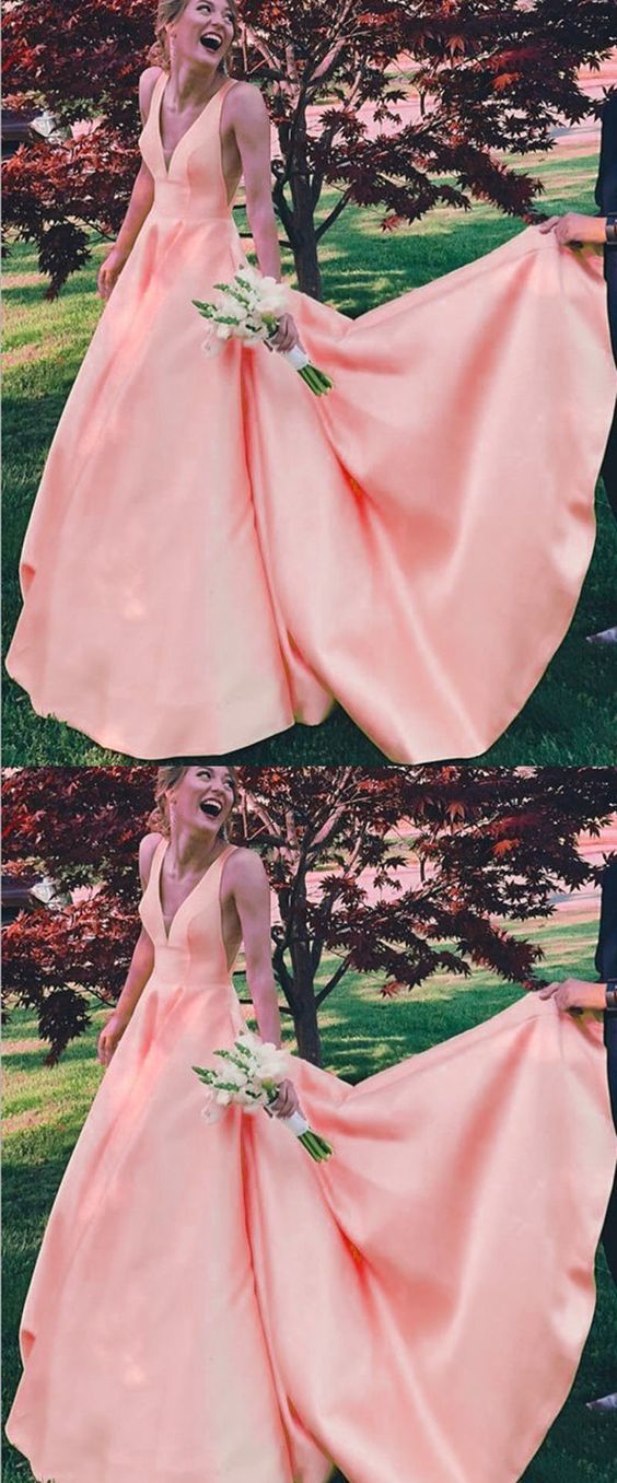 Elegant Pink V Neck Party Gown Senior Girls Prom Long Dresses cg17237