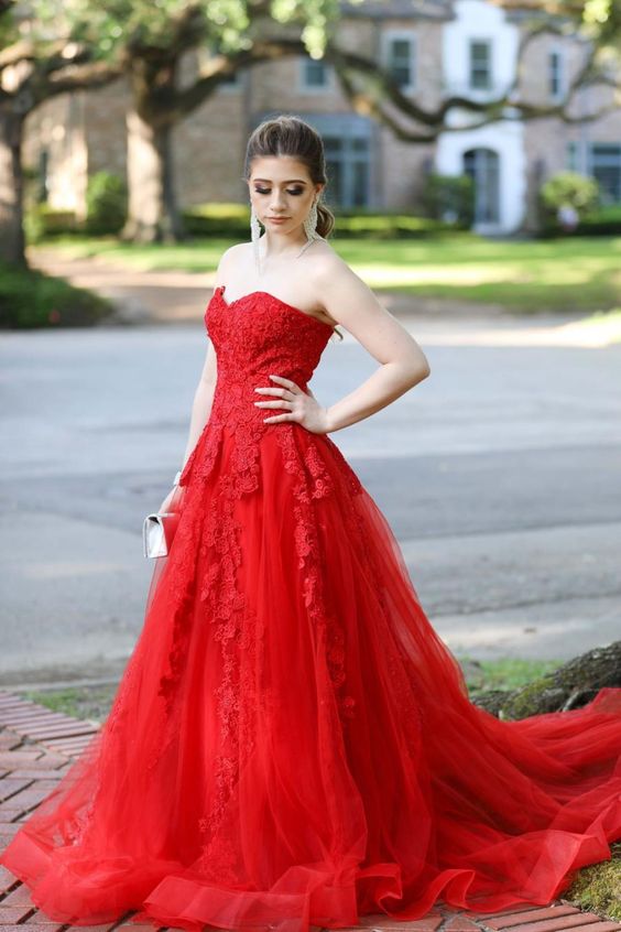 strapless red A-line tulle and lace long ball gown prom dress cg17242