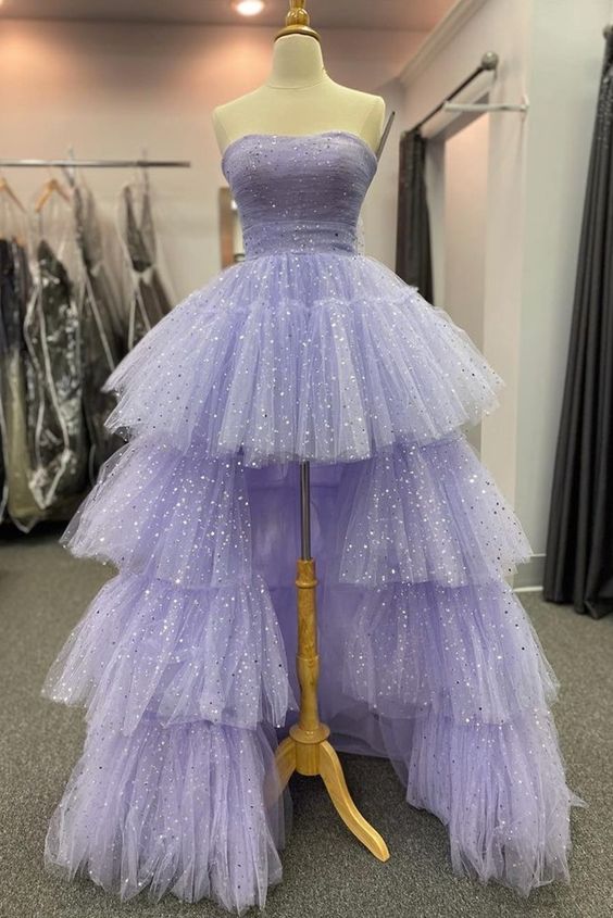 High Low Lavender Sparkle Tulle Long Formal Dress prom Dress cg17246