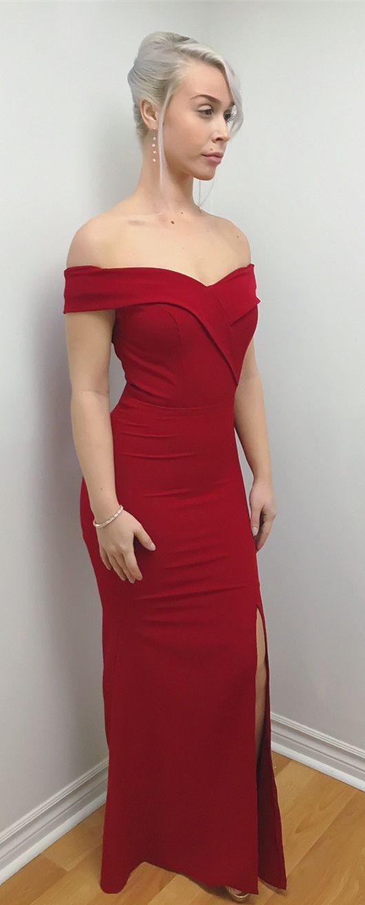 off the shoulder red mermaid long prom dress with side slit, formal evening dress, party dress cg17258