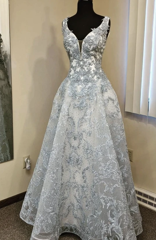 Grey lace long A line prom dress evening dress cg17271