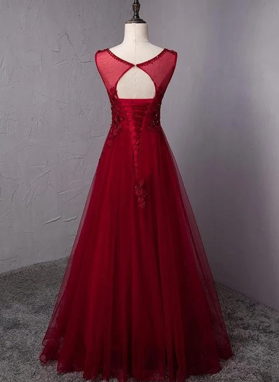 Wine Red Round Neckline Beaded Long Party Dress, Burgundy Tulle Prom Dress 2021 cg17275