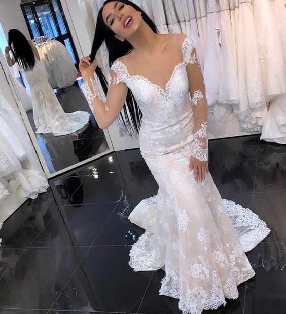 Mermaid Round Neck Long Sleeves White Prom Dress cg17278