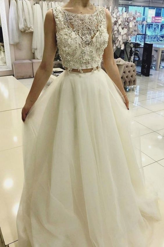 White two pieces lace tulle long prom dress, white evening dress cg17283