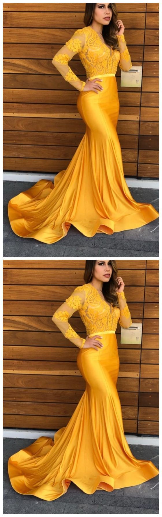 Yellow Lace Mermaid Vintage Sheer Lace V-neck Prom Dress cg17288