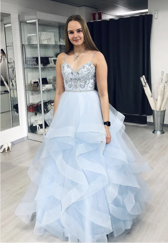 Blue tulle beads long A line prom gown formal dress cg17298